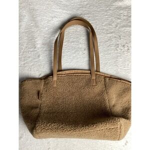 Cozy Teddy Fleece Large Capacity Tote Bag Neutral Color Leather Trim